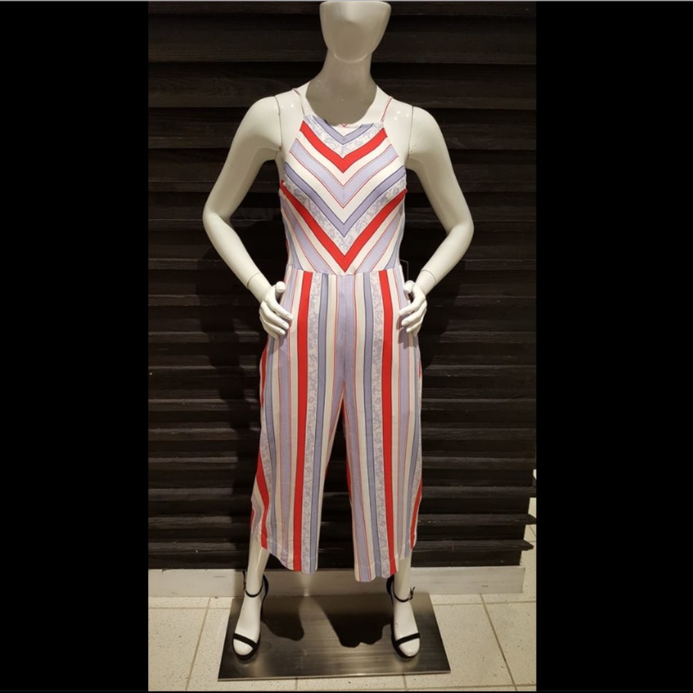 EXPRESS Periwinkle Red & White Striped Culottes Spaghetti Strap Jumpsuit Size 4